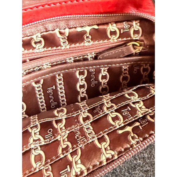 Burgundy & Red Tignanello Crossbody Purse Genuine Leather Trim 9"x8" - Picture 8 of 10
